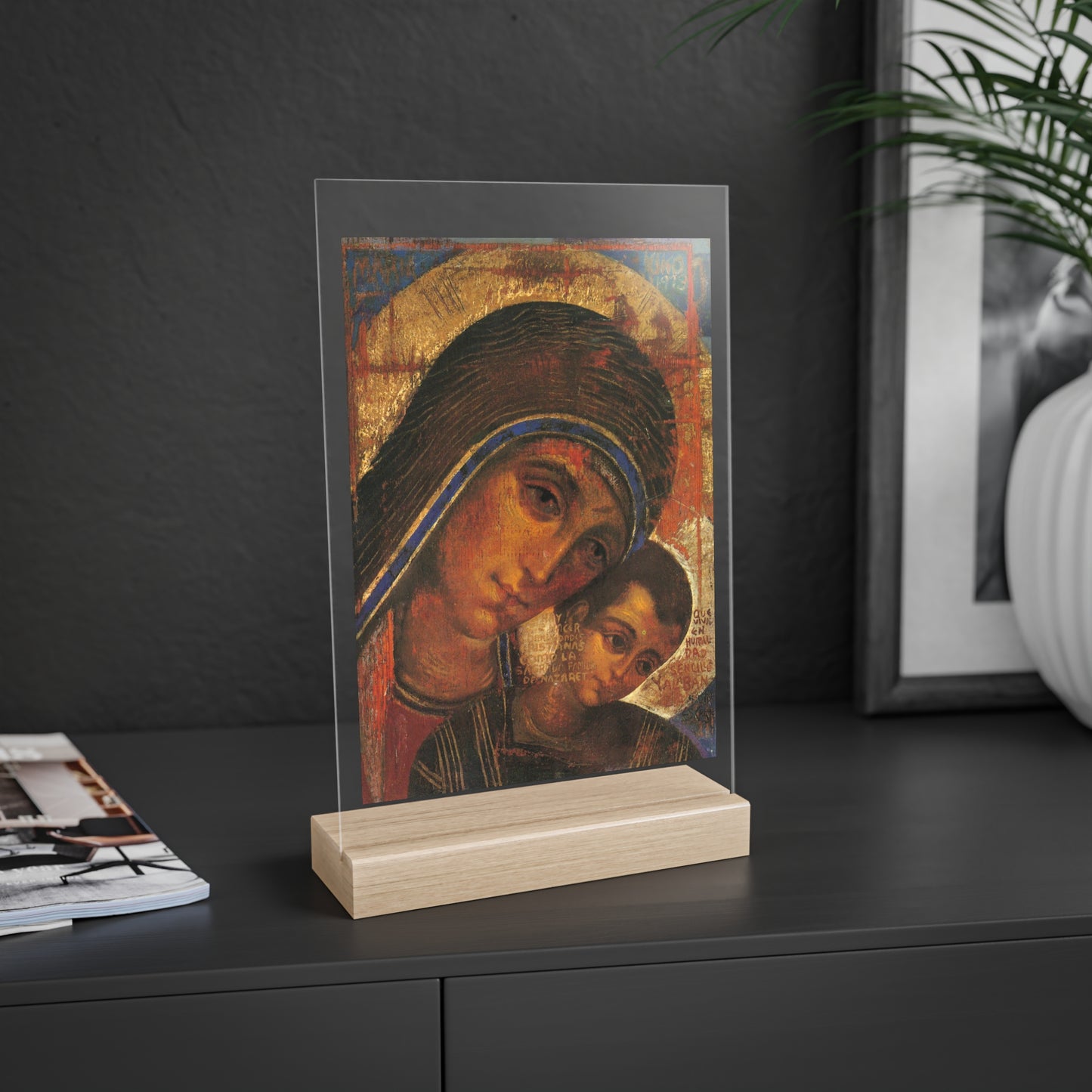 Virgin of the Way Acrylic Sign with Wooden Stand