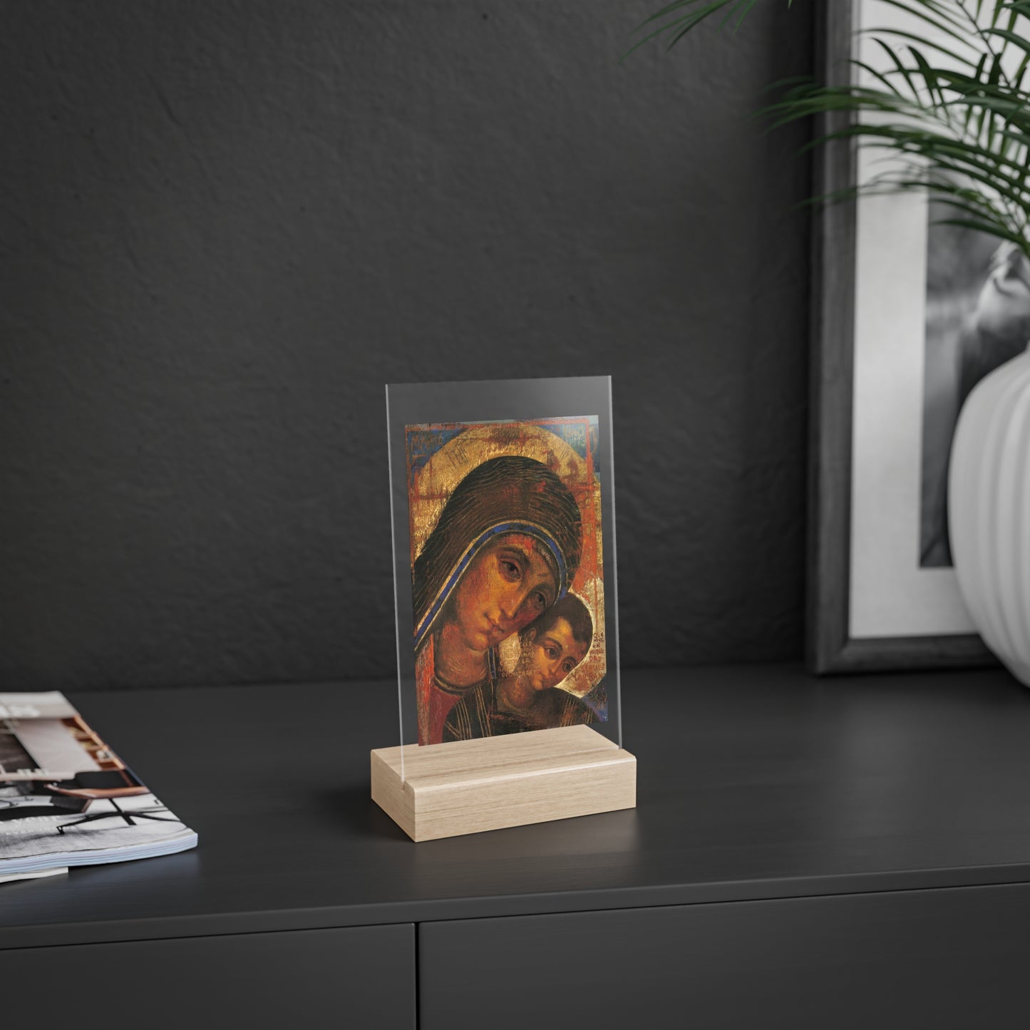 Virgin of the Way Acrylic Sign with Wooden Stand